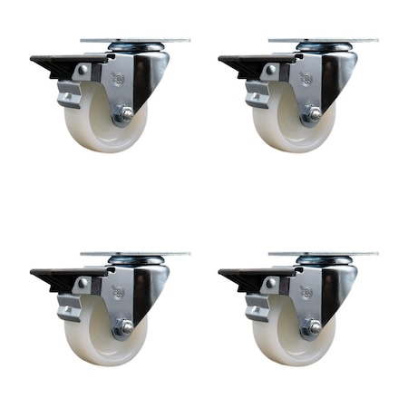 Service Caster 3'' Nylon Wheel Swivel Top Plate Caster Set with Posi Brake, 4PK SCC-20S314-NYS-PLB-4
